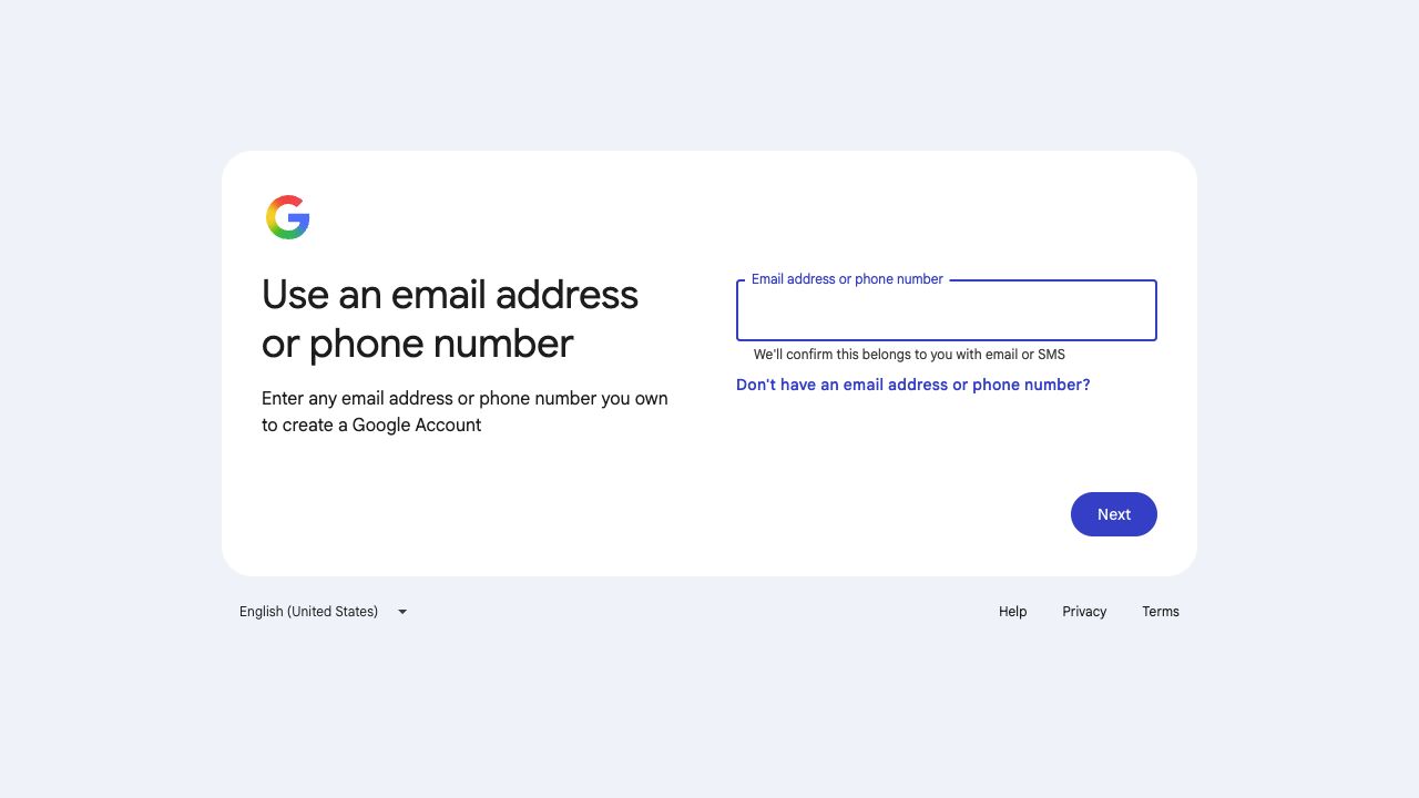 Google account setup with an empty email address or phone number field.