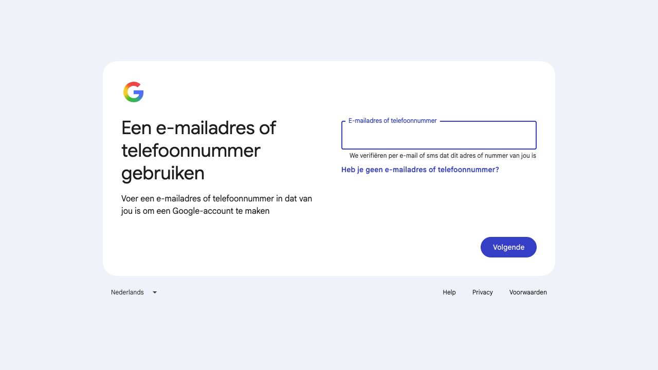 Een Google-account instellen met een leeg veld voor een e-mailadres of telefoonnummer.